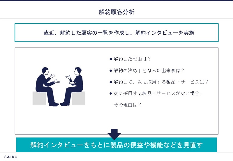 PMFに至るためのヒントが得られるアクションの1つ「解約顧客分析」（提供：株式会社才流） 
