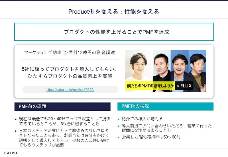 PMFパターンの1つ「性能を変える」の事例（提供：株式会社才流）