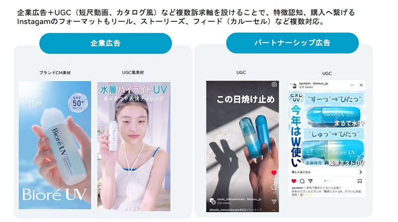 InstagramでのビオレUVの企業広告とパートナシップ広告（投影資料提供：Facebook Japan）